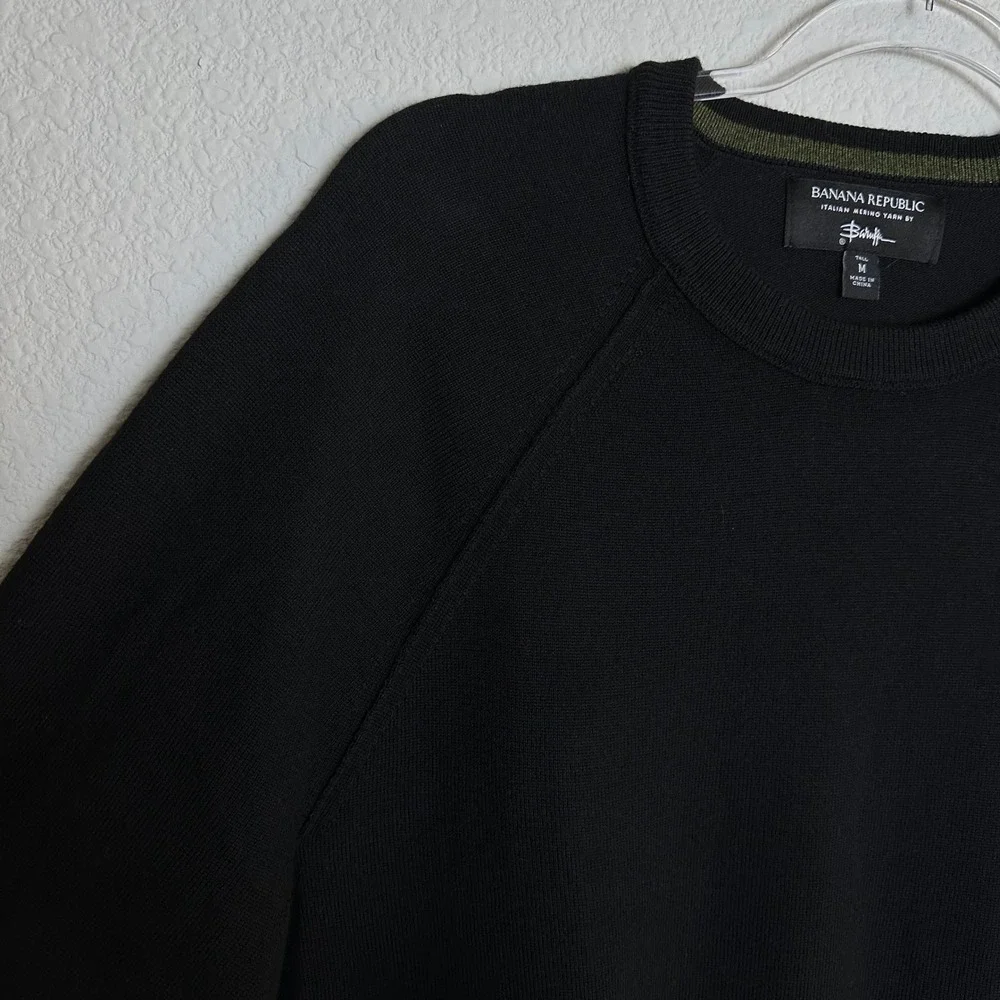 Banana Republic Mens M Tall Black Baruffa Italian Merino Wool‎ Crewneck Sweater